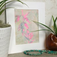 Image 2 of Botanical Monotype ~  Nandina, Neon Pink, Ash on Cream ~  8x10 Inch Mat 