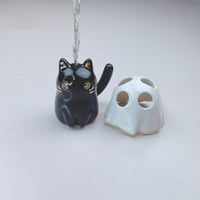 Image 1 of Black Kitty With Ghost Mask Ceramic Figurine (tiny Hole For Flower)