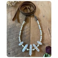 Image 3 of The Ariella Necklace - Double Terminated Clear Quartz Brass Pearls and Chocolate Brown Leather 