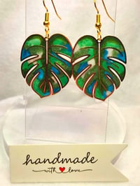 Image 1 of Handcrafted Resin Small Monstera Leaf Earrings 