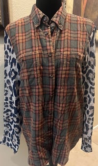 Image 3 of Vintage Funky Sleeve Green/Orange/Brown Flannel Shirt Leopard Print Sleeves Me. Steam Punk Cat