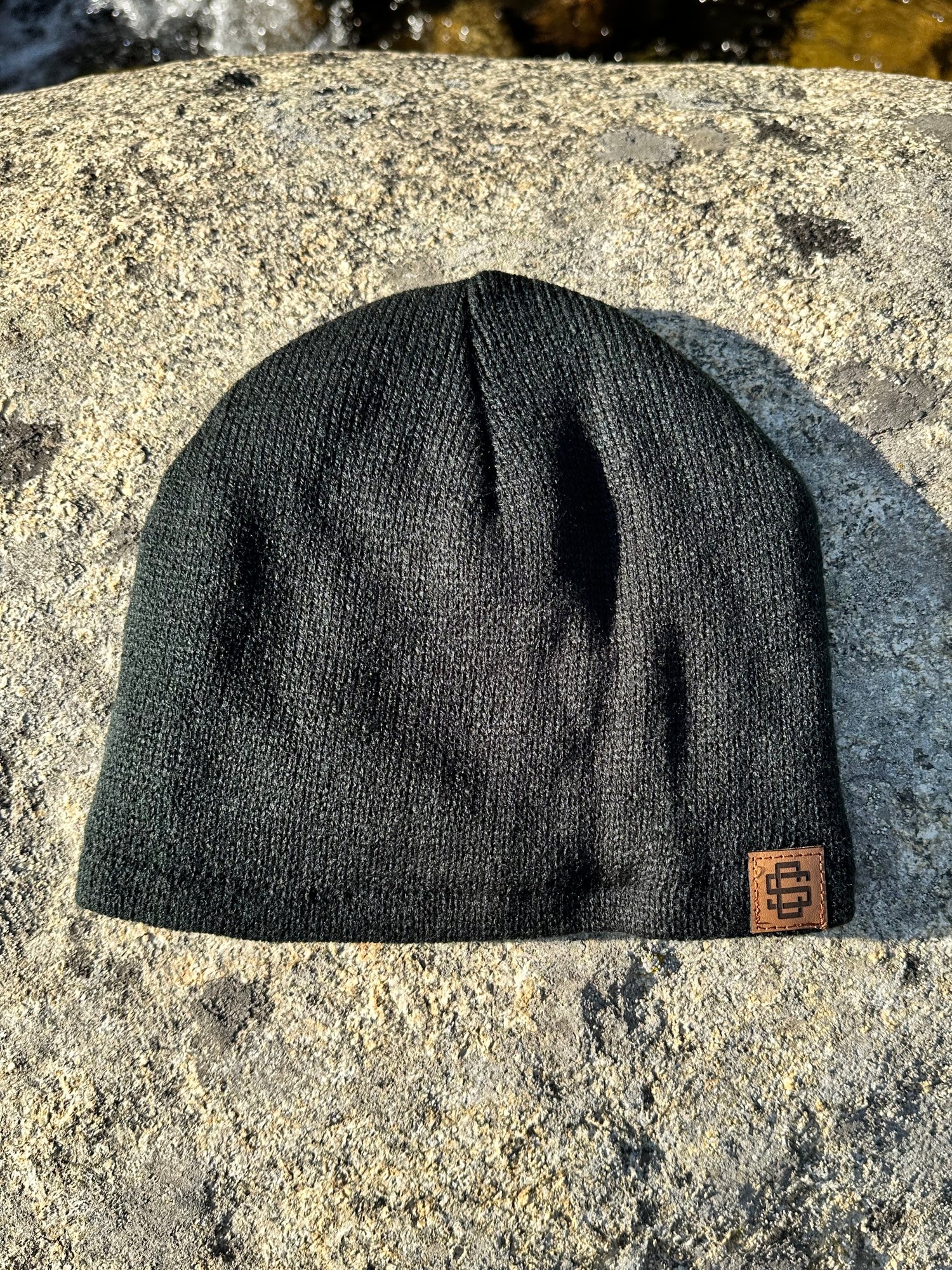 Black Fleece-Lined Beanie Cap with Brown SinCity  leather patch 