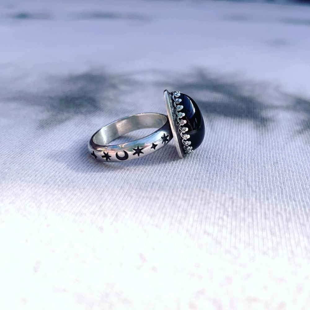 Sterling Silver Handmade Black Onyx Ring Celestial Stamping Stars And Moons