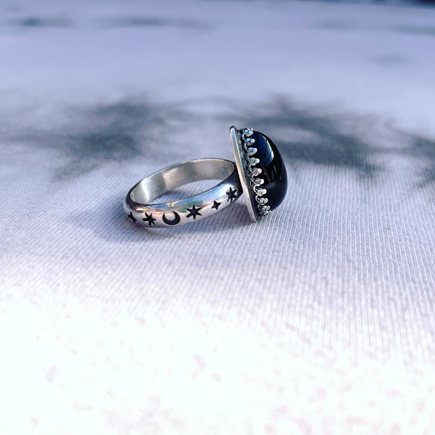 Image of Sterling Silver Handmade Black Onyx Ring Celestial Stamping Stars And Moons