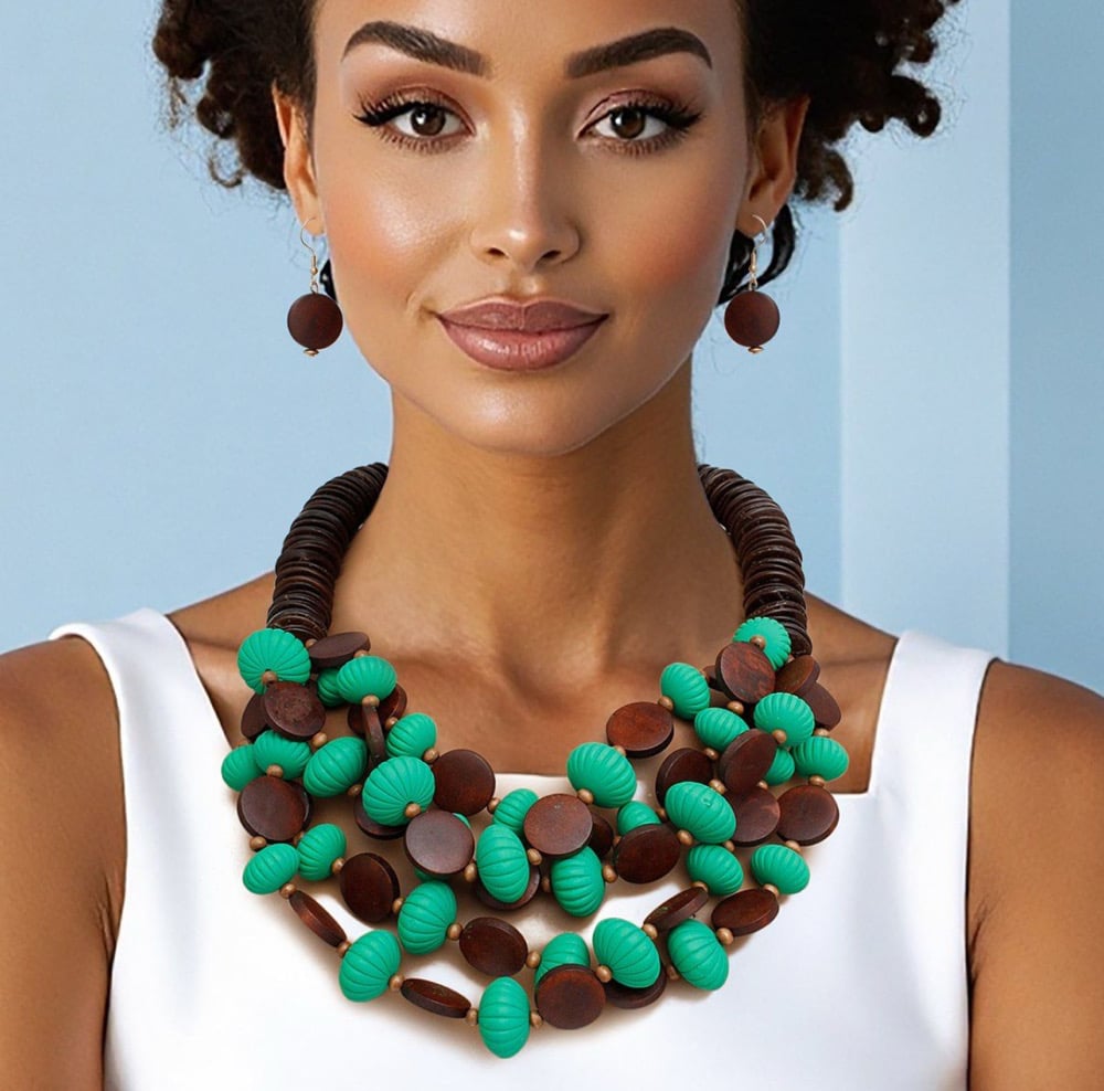 Image of Beaded Green Coconut Wood Disc Necklace Women