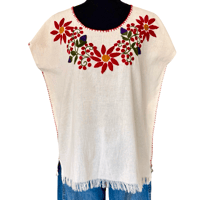 Image 4 of Vintage Traditional Cotton Hand Embroidered Red Floral Peasant Top- Made in Mexico 