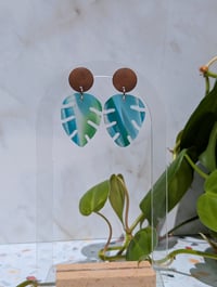 Image 1 of Tropical Monstera Glass Earrings – Handmade Statement Dangles in Ocean Blue & Green