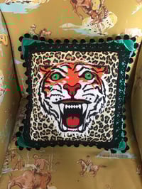 Image 6 of Green Velvet Tiger Pom Pom Cushion Cover